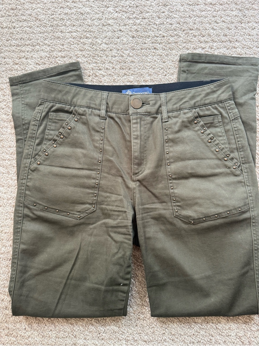 Democracy Olive Green Straight-Leg Jeans with Stud Accents